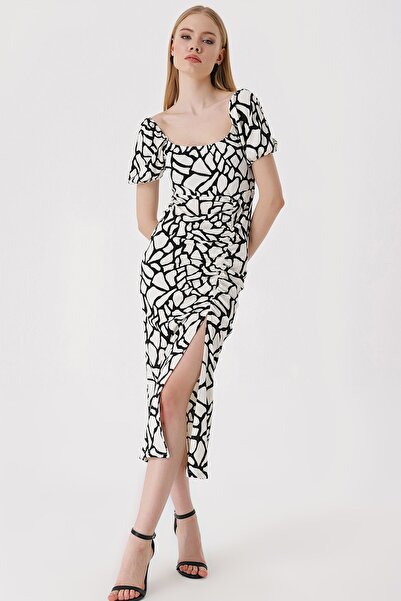 Hiccup Bdart Square Neck Detailed Textured Midi Knitwear Dress