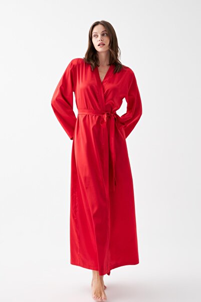 Akbeniz Women's Long Red Satin Dressing Gown