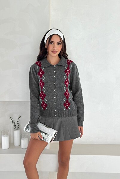 Noi Belis Baklava Patterned Polo Neck Knitwear Cardigan Aw25Hi0056