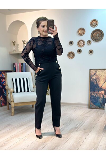 MELTEM TUĞAN Front Button Detailed Crepe Fabric Trousers Black
