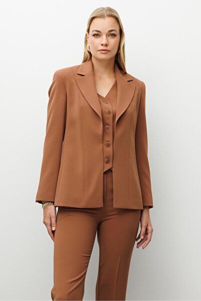 Moda İlgi Modailgi Kırlangıç Yaka Kuptan Yelek Detaylı Astarlı Ceket - 40031 Tarçın