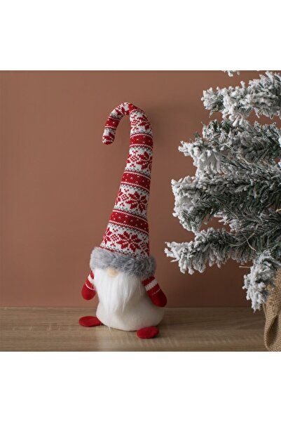 Tessari Christmas Decorative Figurine Gnome with Red Jacquard Hat, Grey Faux Fur, 42 cm