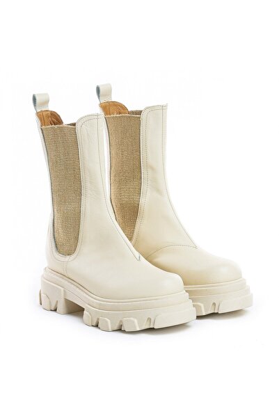 Vanilla Days Cream Genuine Leather Ankle Boots with Side Detail