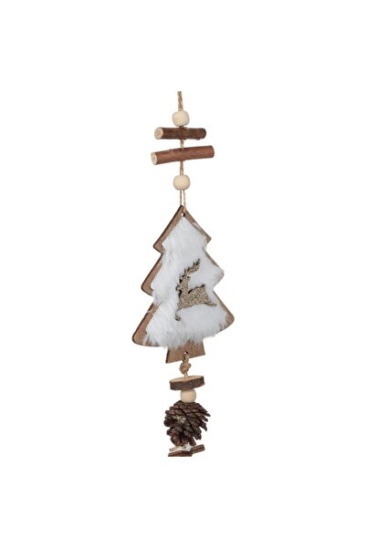 OEM Wooden Christmas Tree Ornament – White Fir with Fur, Pine Cones & Stars