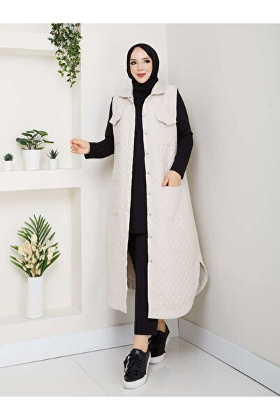 KMKkombin Γυναικείο μακρύ γιλέκο με καπιτονέ πουκάμισο νέας σεζόν με διπλή τσέπη στο στήθος