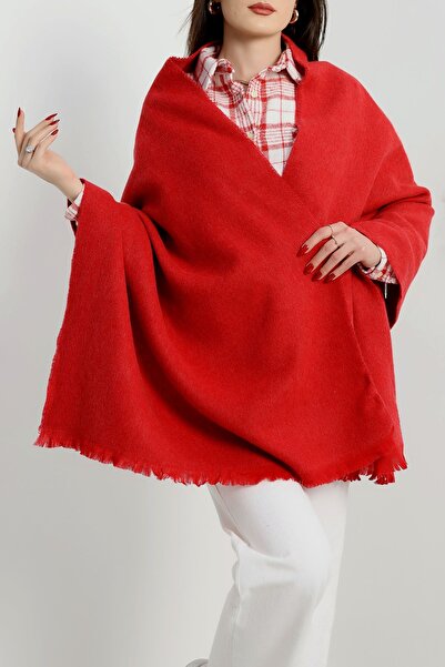 Verahed Warm Thick Winter Soft Textured Tassels Shoulder Shawl Long Puffy Plain Red Shawl Scarf 175X70Cm