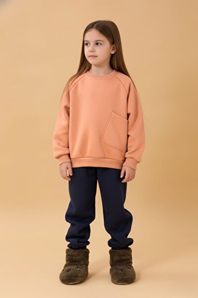 Perendi Girl's Comfortable Fit Pocket Detailed 2-Piece Sweatshirt with Fleece Inside – Salmon & Baby Blue