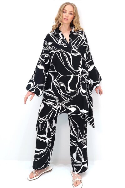Trend Alaçatı Stili Black-White Women's Tunic and Palazzo Pants Set - Shirt Collar, Button, Long Tunic Alc-X13642