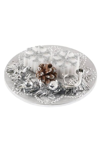 OEM Lumânare decorativă de Crăciun cu tavă, argintie cu sclipici, 13 cm