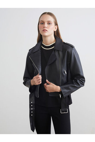 LC Waikiki Jachetă de damă cu aspect de piele cu guler de cămașă neagră