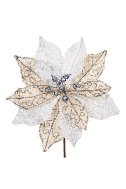 OEM Poinsettia din in alb cu sclipici argintiu 37cm