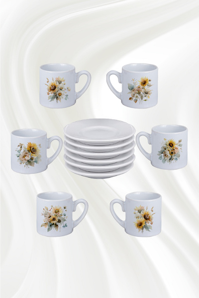 giftkonsept Autumn Flowers Printed 6-Piece White Porcelain Turkish Coffee Cup Set