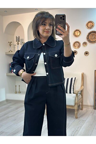 MELTEM TUĞAN Buttoned Denim Trouser Suit Black