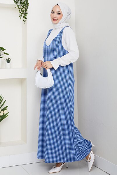 hafsamina Goose Feet Pattern Gilet Dress Blue Hm2865