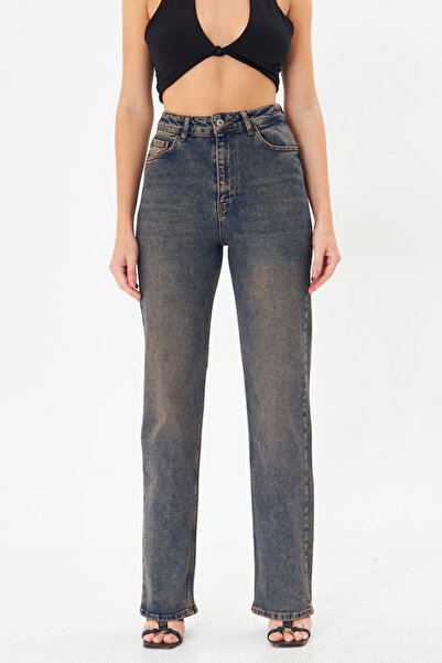 Denim Republic جينز نسائي أزرق كامل الطول من قماش الدنيم قماش قابل للتمدد