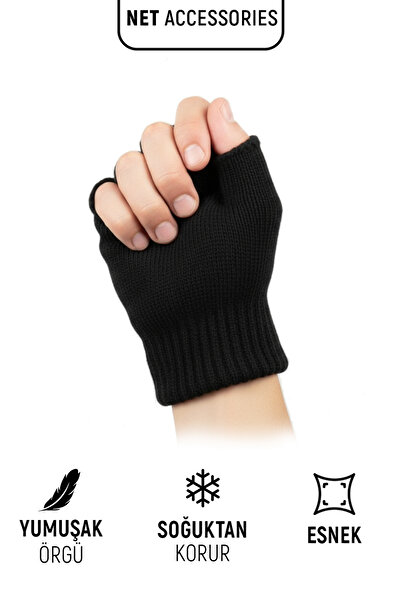 Net Tekstil 3-Piece Economical Set Black Cut-Out Half Knitted Gloves Fingerless Winter Unisex