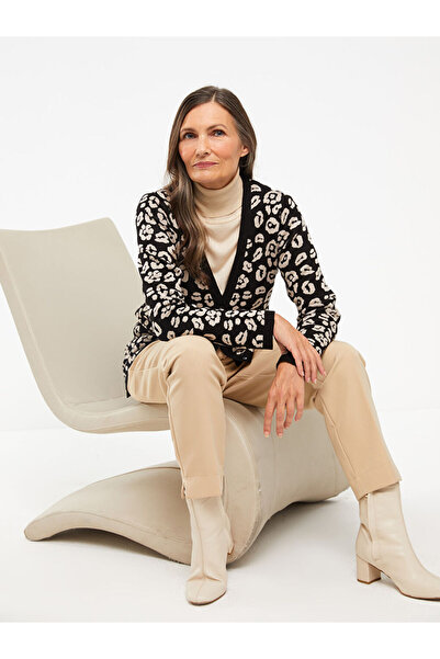 LC Waikiki Black V-Neck Patterned Women's Knitwear Cardigan