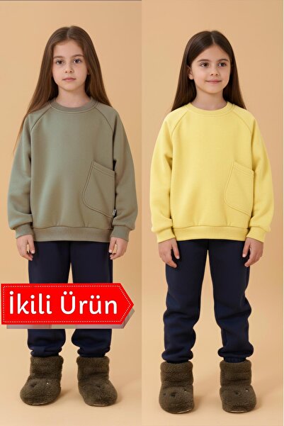 Perendi Girl's Comfortable Fit Pocket Detailed 2-Piece Sweatshirt with Fleece Inside – Yellow & Çağla