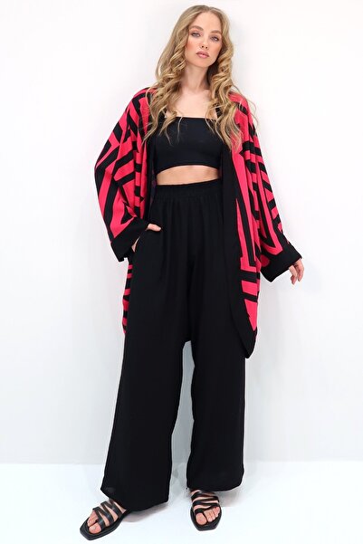 Trend Alaçatı Stili Red Black Women's Kimono and Palazzo Pants Set - Bat Sleeve, Double Pocket Alc-X13639