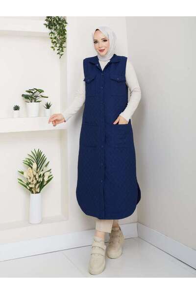 KMKkombin Women's New Season Quilted Shirt Collar with Double Pockets on the Chest Long Vest