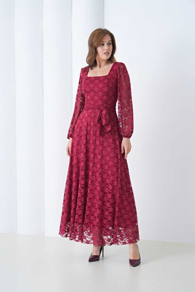 CİXAPLE Square Neck Stretch Fabric Lace Dress