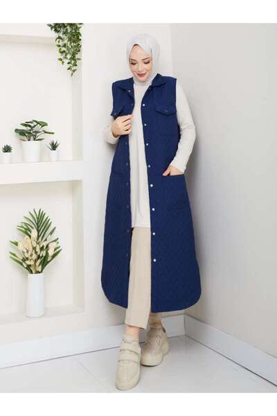 KMKkombin Women's New Season Quilted Shirt Collar with Double Pockets on the Chest Long Vest