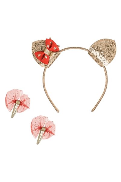 OEM Hair Wreath with Golden Glitter Ears & Hair Clips with Red Tulle Bow - 3 pcs