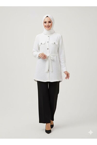 dibcollectionn Women's Belted Stone-Buttoned Jacket Shirt