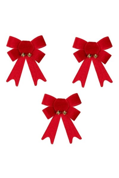 OEM Funde decorative roșii de Crăciun, catifea cu clopoței, 12cm, 3 bucăți