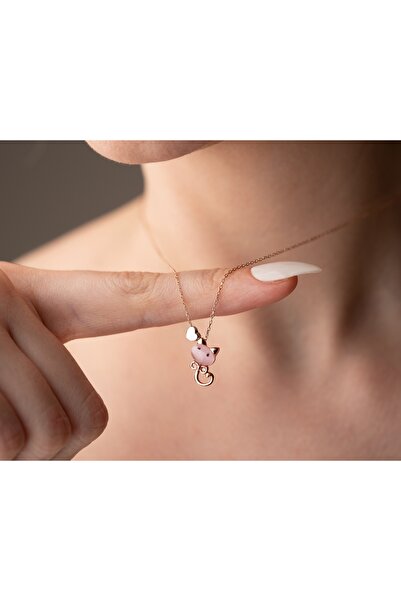 Flamingo 925 ayar papatya ay taşı<osimhen maske<kedili kolye<rose,gold,rodaj>