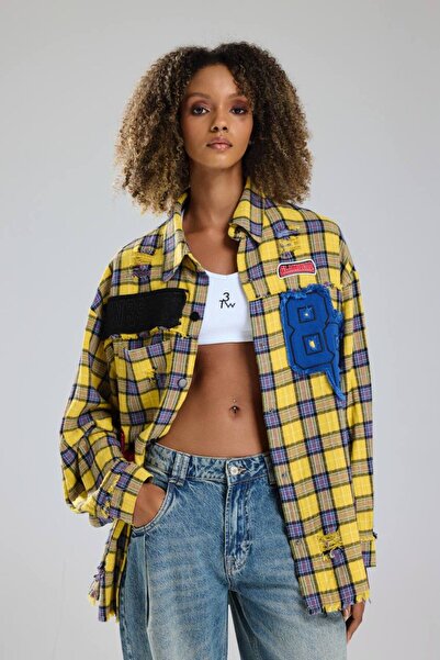 tw3 Women's Plaid Fabric Applique and Distressed Detail Design Shirt