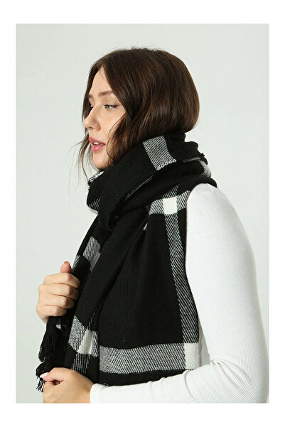 Verahed Warm Thick Winter Soft Textured Tassels Shoulder Wrap Long Puffy Black Plaid Shawl Scarf 175X70Cm