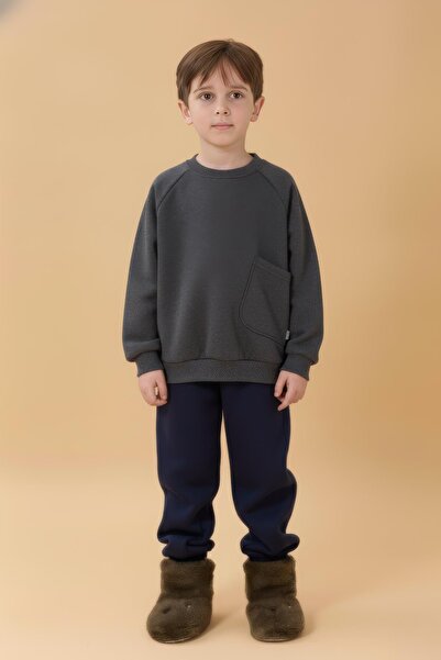 Perendi Boy's Comfortable Fit Pocket Detailed 2-Piece Sweatshirt with Fleece Inside – Burgundy & Anthracite