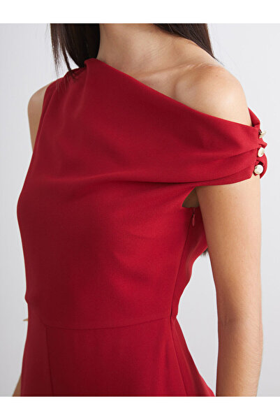 LC Waikiki Red Boat Neck Gathered Women's Jumpsuit