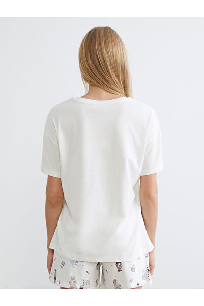 LC Waikiki Ecru Crew Neck Printed Women's Shorts Pajama Set