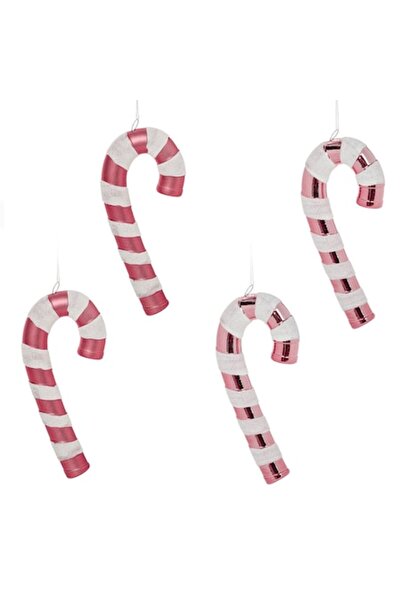 OEM Ornamente de Crăciun - Acadele din acadea, Set de 4, Roz cu dungi hologra...