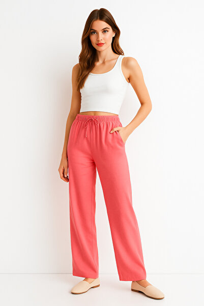 Rich Women's Pink High Waist Elastic Wide Leg Trousers-Multicolour 5