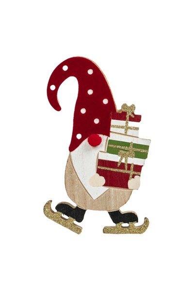 OEM Wooden Christmas Decoration Gnome Figure with Skates Velvet Hat & Gifts 14cm