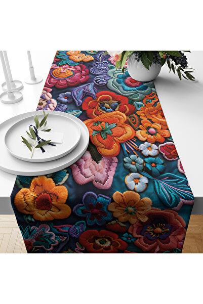 Filamente Digital cu imprimeu Runner - Motiv floral cu aspect de broderie - 1...