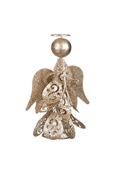 OEM Decorațiune metalică de Crăciun - Înger cu trompetă, sclipici, 21 cm, bej