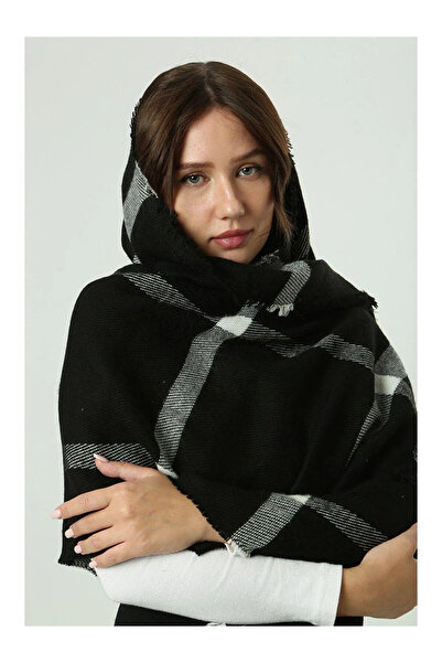 Verahed Warm Thick Winter Soft Textured Tassels Shoulder Wrap Long Puffy Black Plaid Shawl Scarf 175X70Cm
