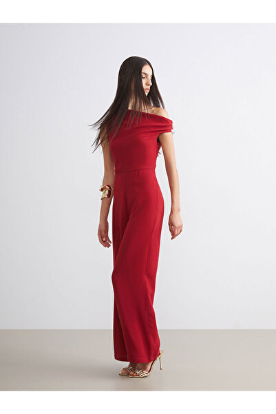 LC Waikiki Red Boat Neck Gathered Women's Jumpsuit