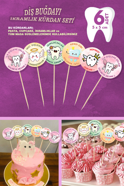 karanca parti süs İlk Dişim Çıktı Kürdan Süsleme Seti Diş Buğdayı Partisi Pasta Kek Süsleme İçin (6 adet)