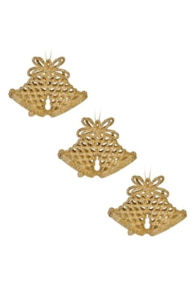 OEM Set de 3 ornamente de Crăciun în formă de clopoțel auriu, 7 cm, plastic