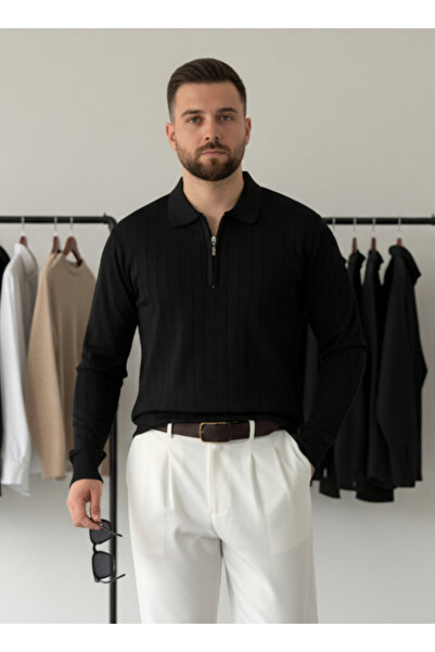 Alex Rosen Black Half Zipper Polo Neck Knitwear Corded Fabric Sweater