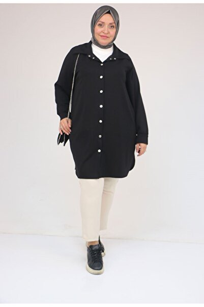 Eslina 58168 Plus Size Men's Collared Snap Fastener Modal Tunic - Black