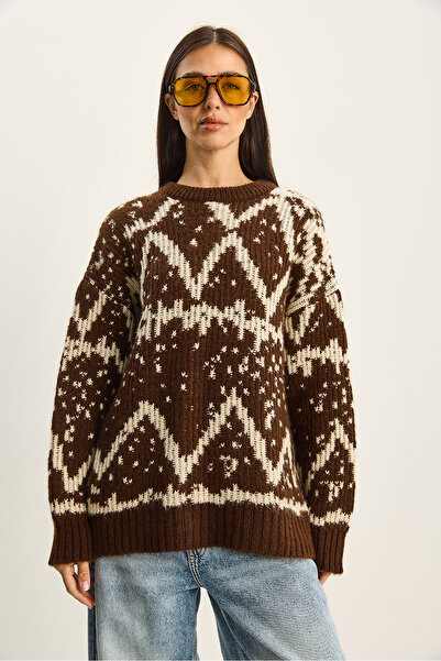 Bianco Lucci Women's Patterned Crew Neck Oversized Knitwear Sweater 60283826