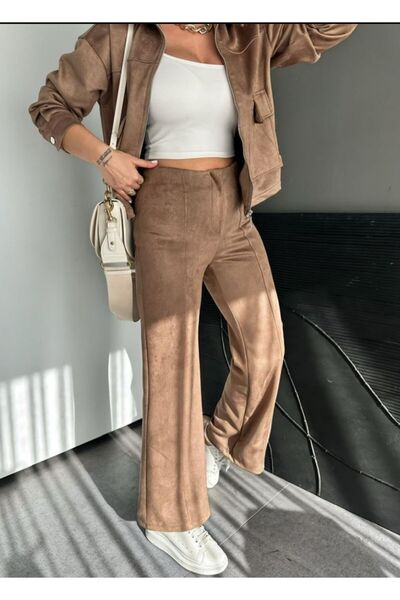 EGZOTİK ASORTİK Wide Leg Suede Pants with Stitching Detail