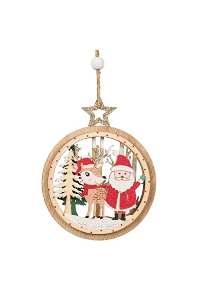OEM Ornament de Crăciun din lemn - Glob cu Moș Crăciun și cerbi și brazi, 11 ...