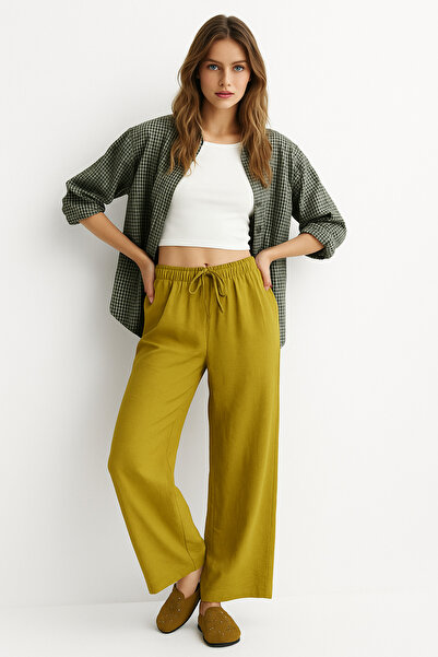 Rich Women's Oil Green High Waist Elastic Wide Leg Trousers-08 Bewegen 92